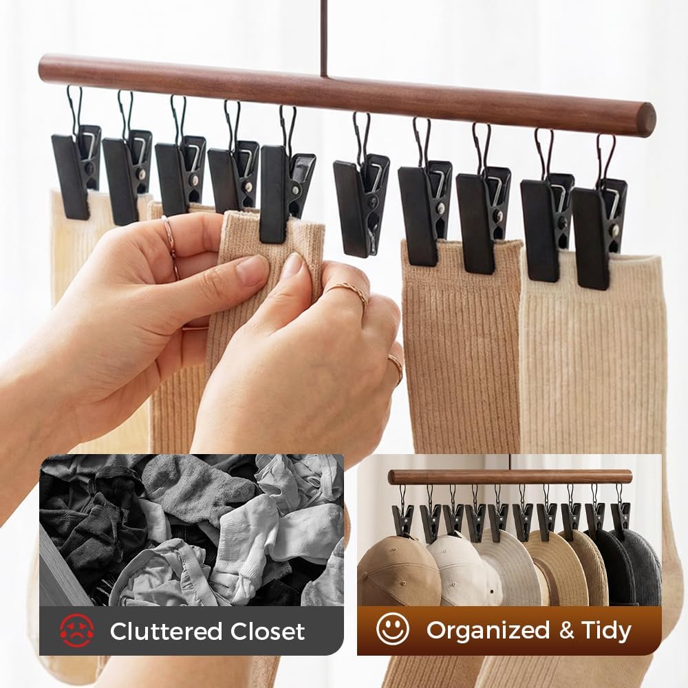 Closet Organizer with 10 Clips, Space Saving Hanging Hanger with Clips, Metal Pant Skirt Hanger, Multi-Purpose Storage for Jeans, Scarves, Socks, Hats & Accessories (Black, 3PCS)