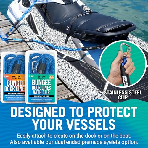 Image of Better Boat Blue Marine Grade Bungee Dock Lines, 2 Pieces, Stainless Steel, 4ft-5.5ft, Elastic Cords & S-Hooks