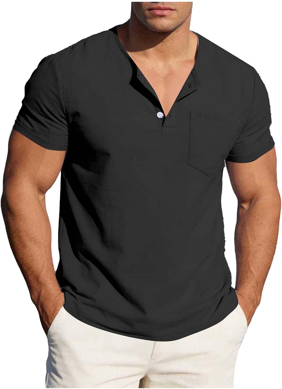 Mens Linen Shirts Henley Short Sleeve Shirt Casual Cotton T-Shirt Loose Fit Lightweight Tops Beach Summer Tops