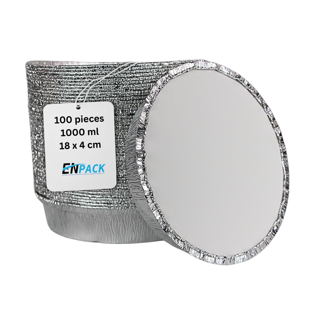 Enpack Aluschale C807-1000L - 100 Stück Aluschalen mit Deckel 20cm - Wärmebehälter 1000ml - Fettauffangschale als Lebensmittelaufbewahrung, Auflaufform, Food Container - feuerfeste Alu Tropfschale