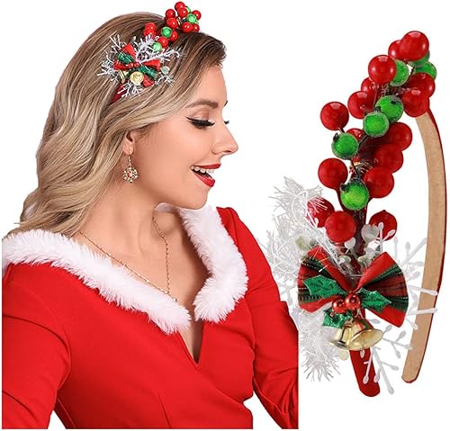 GORTIN Diademas de Navidad con flores de Navidad, diadema de bayas rojas, corona de nieve, corona de Navidad, banda para el cabello, disfraz de