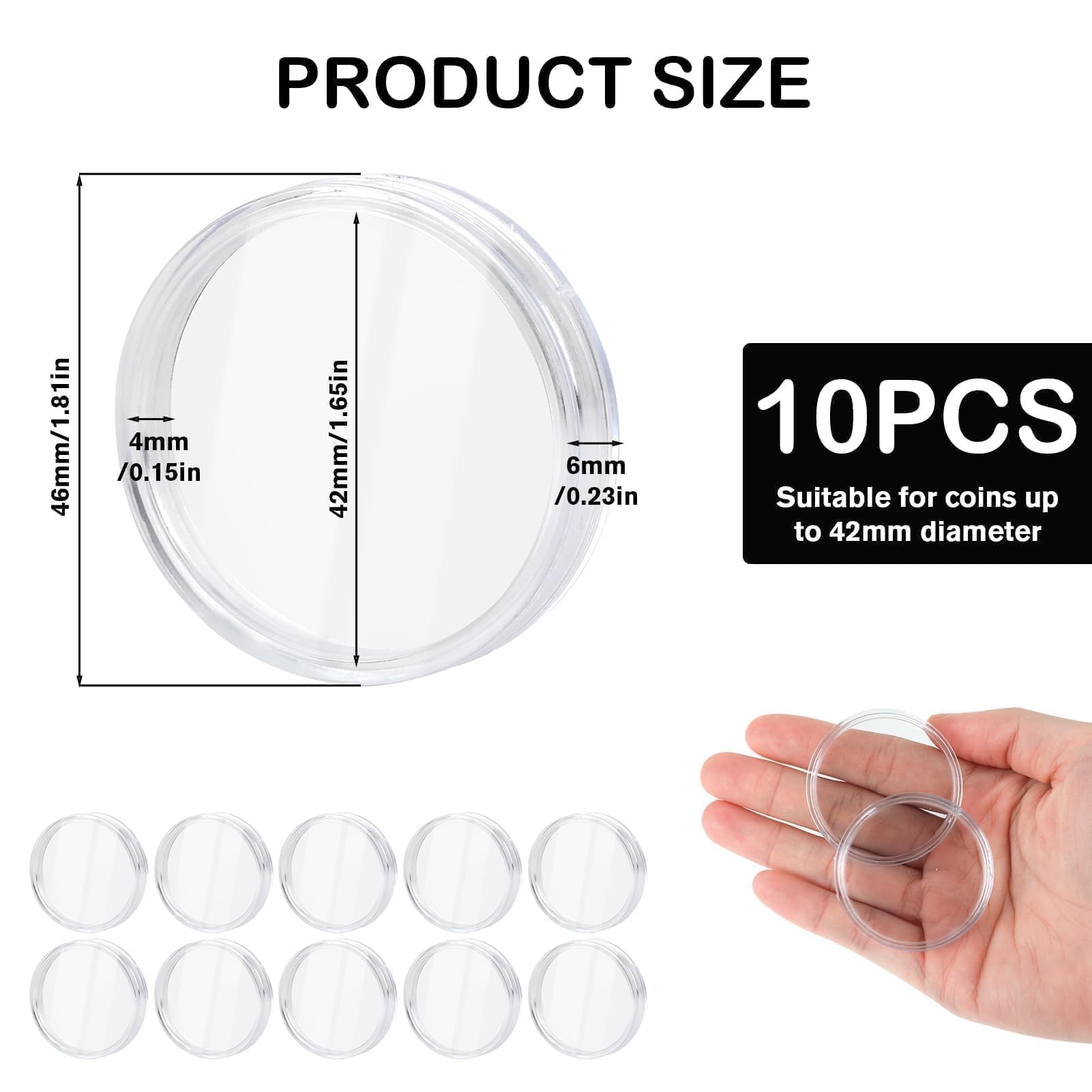 10 Pcs 42mm Coin Capsule, Walking Liberty Silver Dollar Airtight Challenge Plastic Coin Protective Holder Capsules for Collectors Collection Morgan American Silver Eagle JFK Half Dollar Bitcoin