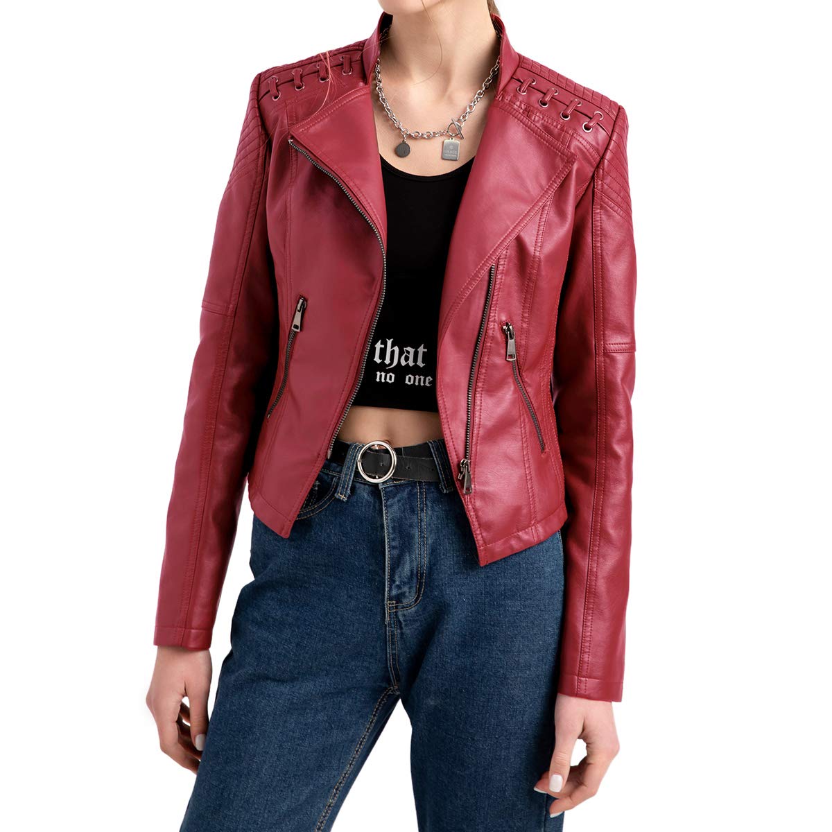 YYNUDA - Chaqueta de moto, para mujer, de piel sintética y estilo vintage