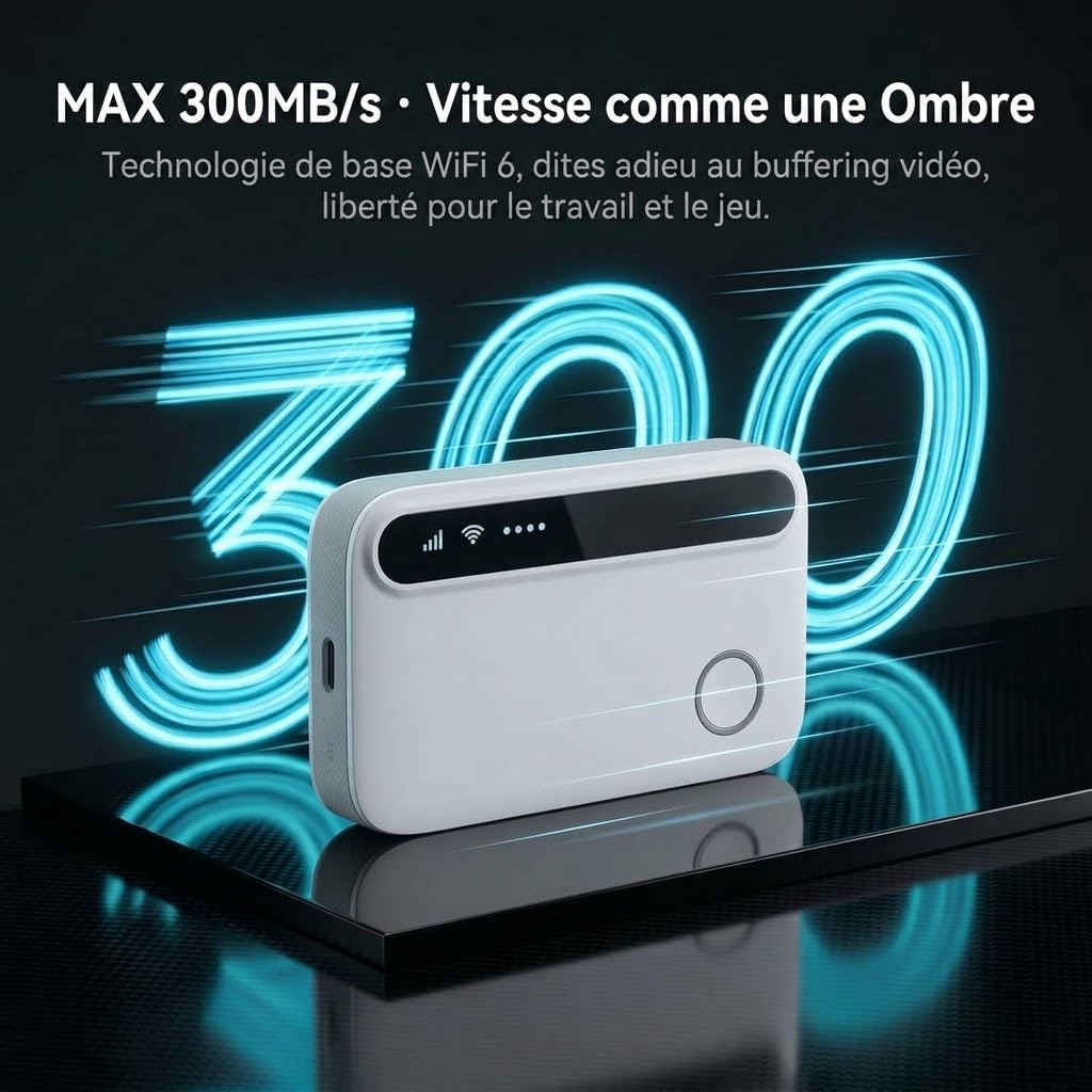 Routeur 5G Portable WiFi 6 avec Slot SIM Déverrouillé – Modem 5G Carte SIM, Internet Mobile Haut Débit 5G/4G+, Débit Ultra Rapide 300 Mbps, Jusqu’à 28 Appareils, Idéal pour Voyage & Télétravail