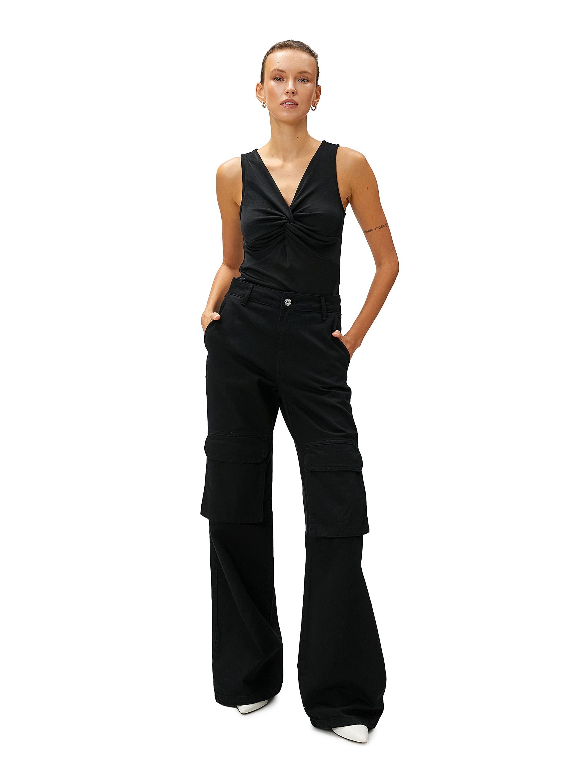 Koton Women's Knot Detail V Neck Sleeveless Tank top Shirt, Black (999), M