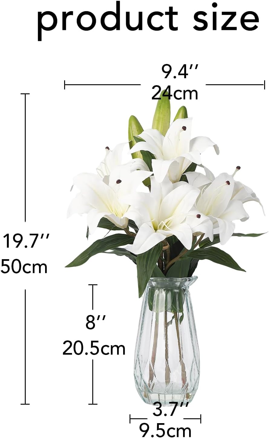 GarveeHome Artificial Tiger Lily Flowers, 6 Stems Realistic Silk Lilies with Glass Vase, 19.7 Inch Tall Fake Flowers for Home Décor, Wedding, Table Centerpieces, Pure White