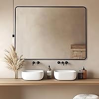 Vista 25 de ANDY STAR - Espejo de latón para baño, espejo rectangular redondeado de 22x30 pulgadas con marco de metal cepillado dorado, espejo de tocador