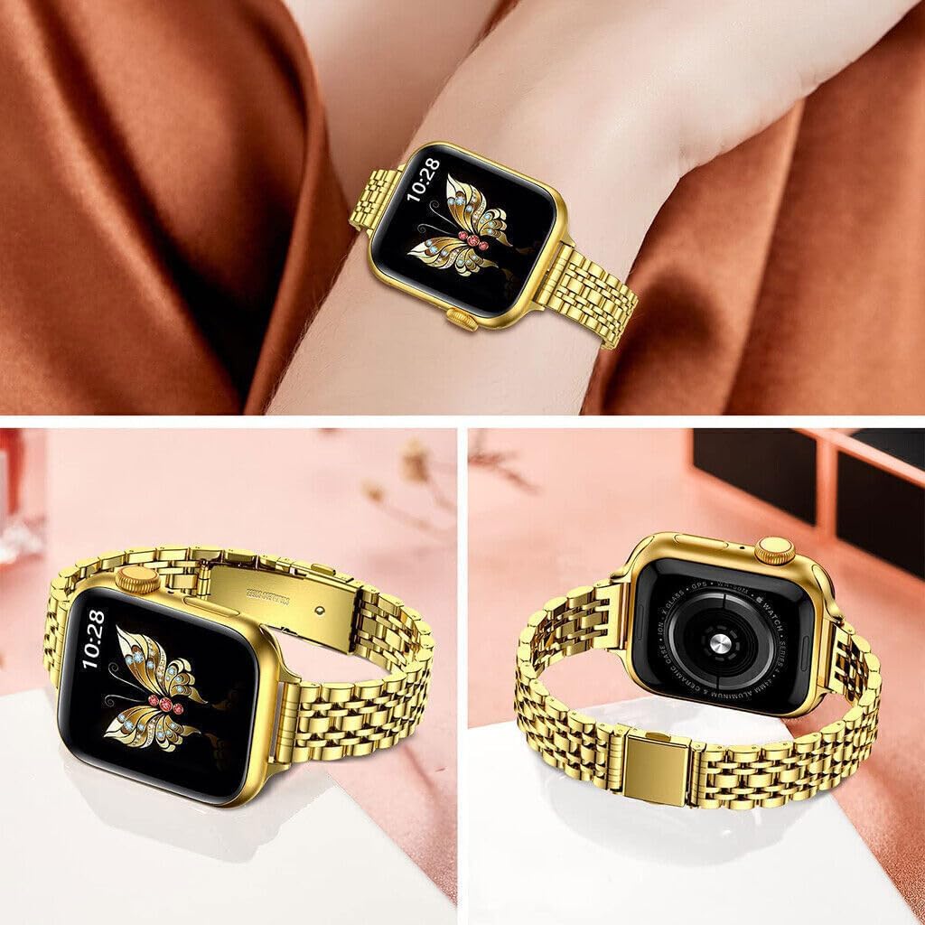 Generic Compatible with iWatch 42mm/44mm/45mm/49mm (Color: Silver/Gold Women Slim Band Metal Strap case