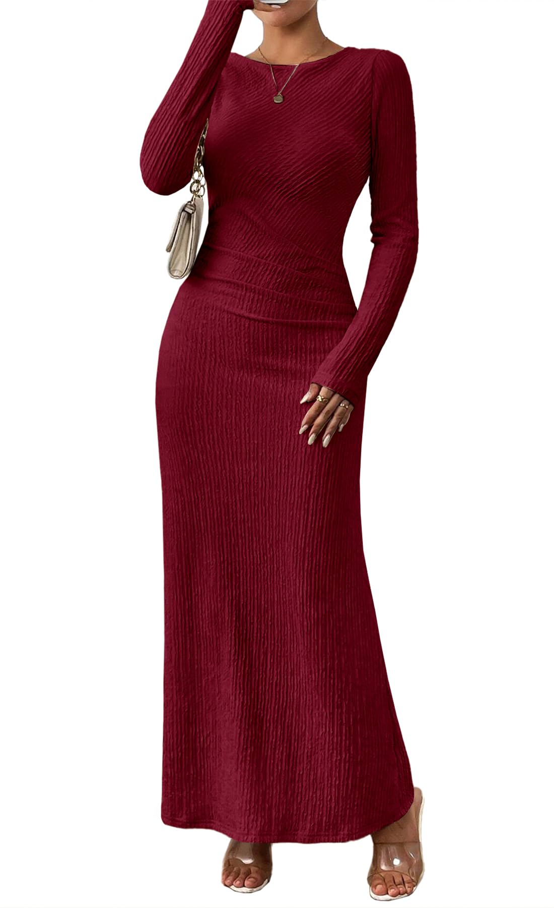 MITILLY Fall Dress for Women 2025 Long Sleeve Maxi Dress Formal Crew Neck Bodycon Ruched Cocktail Party Dresses