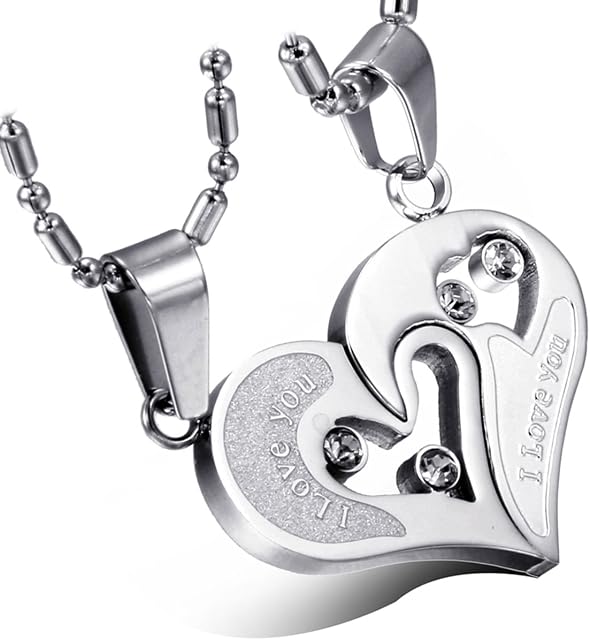 Cupimatch 2-Pieces Men Women Stainless Steel I Love You Heart Rhinestone Puzzle Matching Pendant Couple Necklace Christmas Valentine Gift with 50cm& 55cm Chain (Silver)