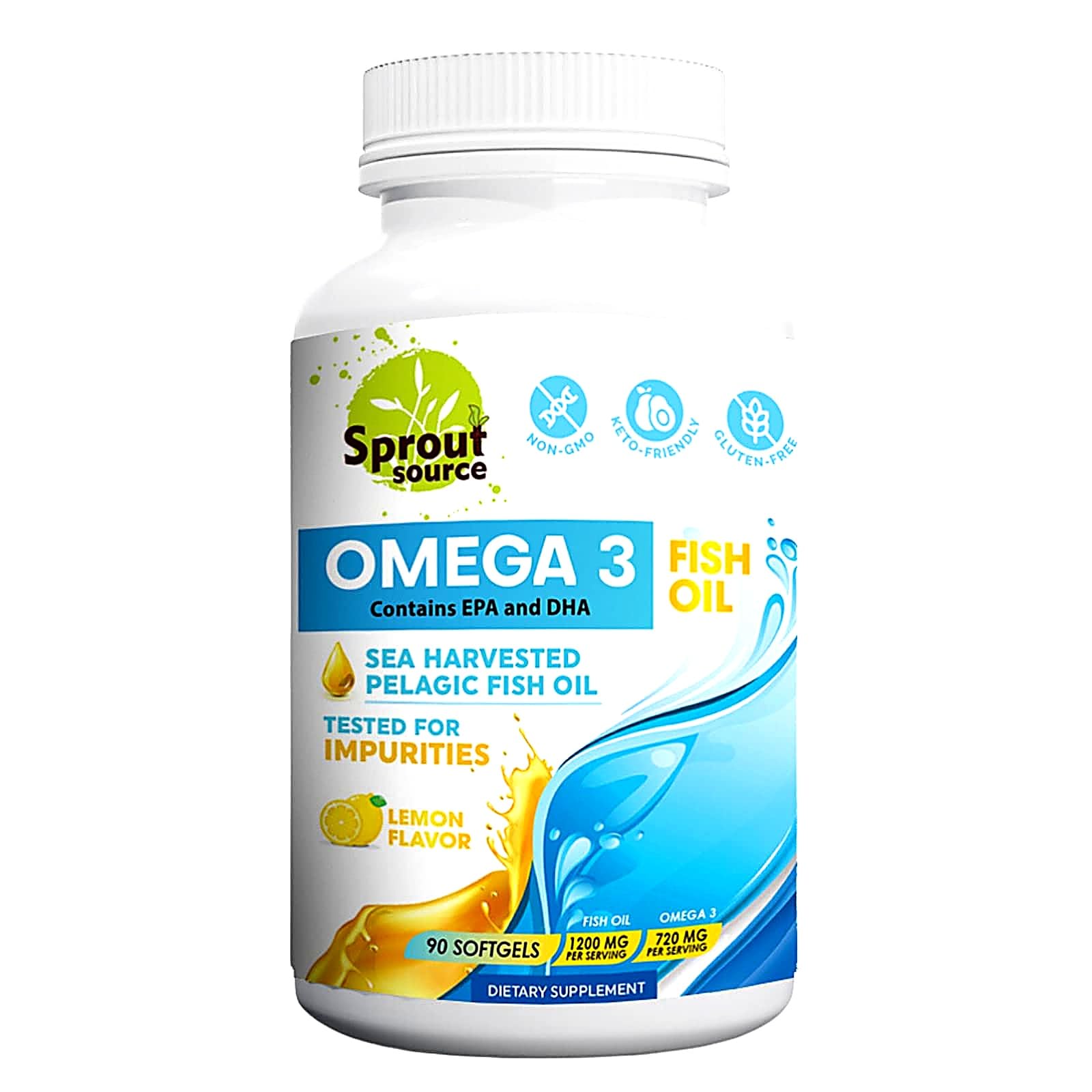 Omega-3 Fish Oil 1200mg, Lemon Flavor, EPA DHA, 90 Ct