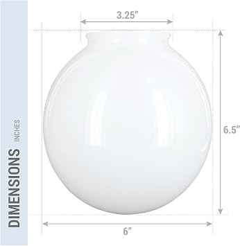 KOR K21815 6-Inch White Glass Globe Lamp Shade, 3.25-Inch Fitter Opening | Replacement for Pendant Lights, Wall Sconces and Compatible Lighting Fixtures, 6.5-inch Overall Height, Gloss Finish
