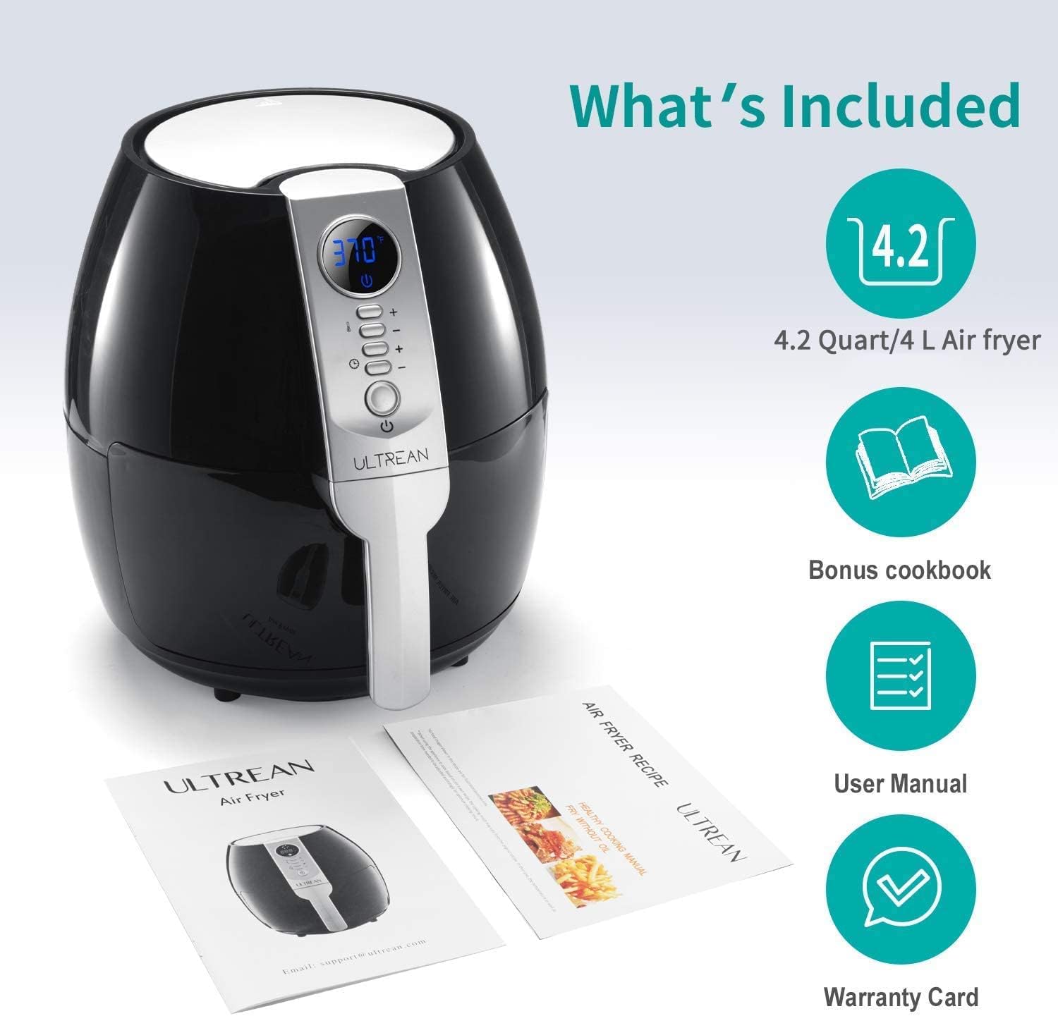 Diagram showing the Ultrean Air Fryer and its included accessories: air fryer unit, bonus cookbook, user manual, and warranty card.
