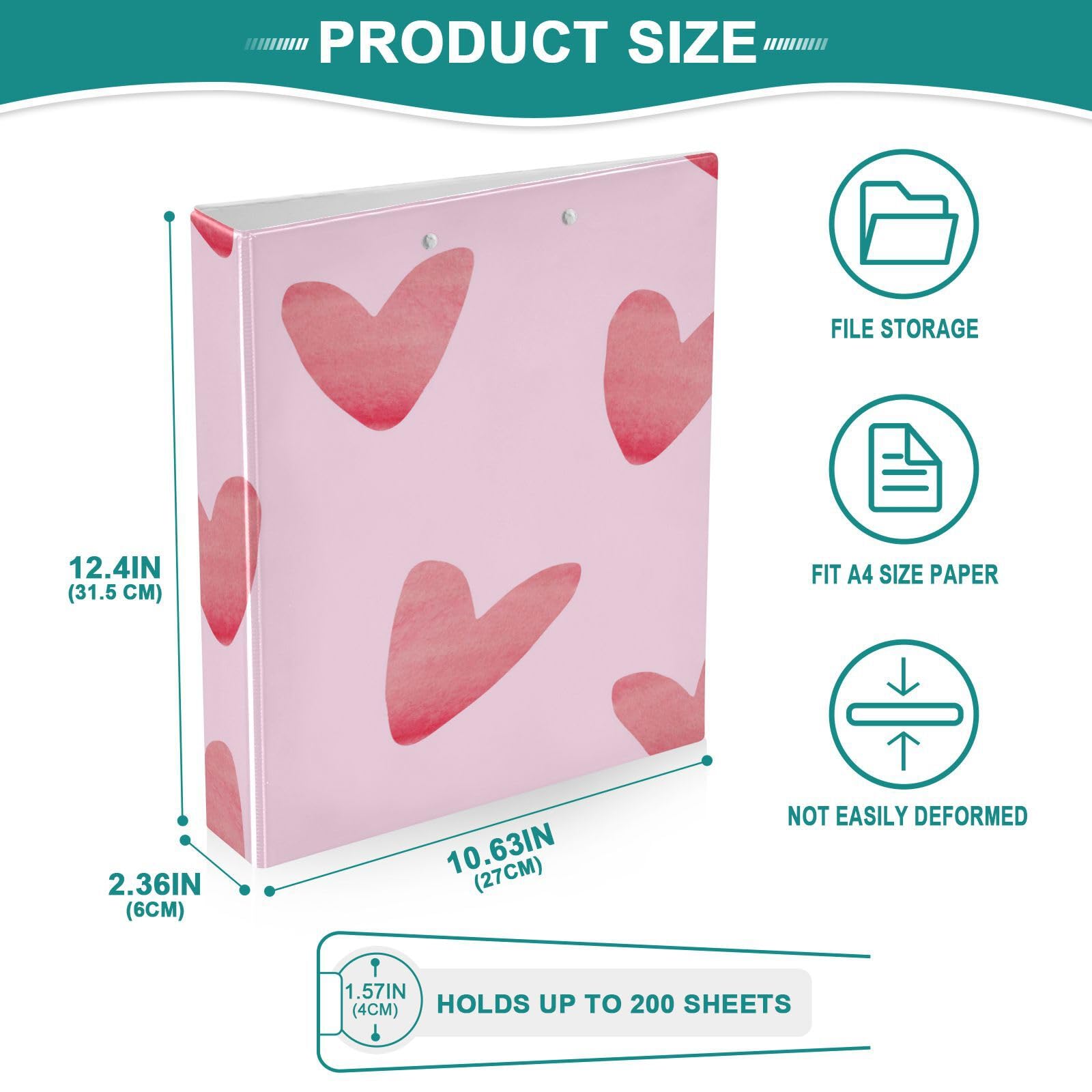 SKYSHU Love Heart - Raccoglitori ad anelli rotondi con 3 tasche interne in PVC trasparente, impermeabili, robusti, 3,8 cm, con clip in metallo antiscivolo, raccoglitori versatili per 200 fogli,