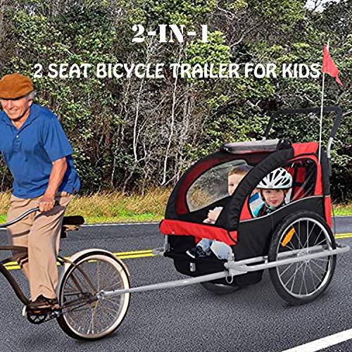 2-in-1 Double 2 Seat Bicycle Bike Trailer Jogger Stroller with Handle Bar and Wheels Bike Hitch Safety Flag, 20 Inch Wheel Size, Foldable Bike Wagon Trailer