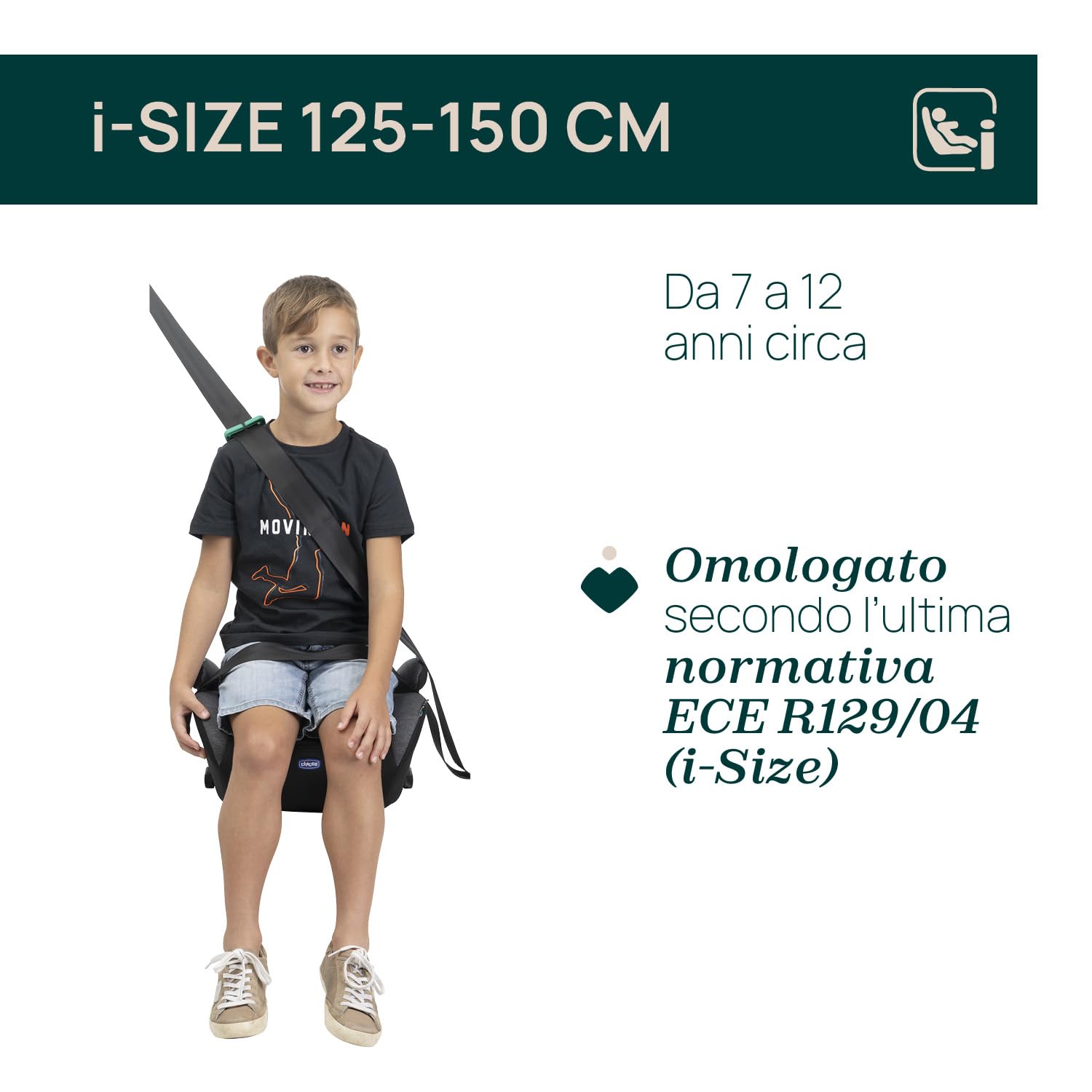Chicco Quasar Fix i-Size, Seggiolino Auto Bambini 7-12 Anni (126-150 cm), Peso 23-36 kg, Gruppo 3, Facile da Installare con Sistema Isofix, con Braccioli Imbottiti e Seduta Confortevole, Nero