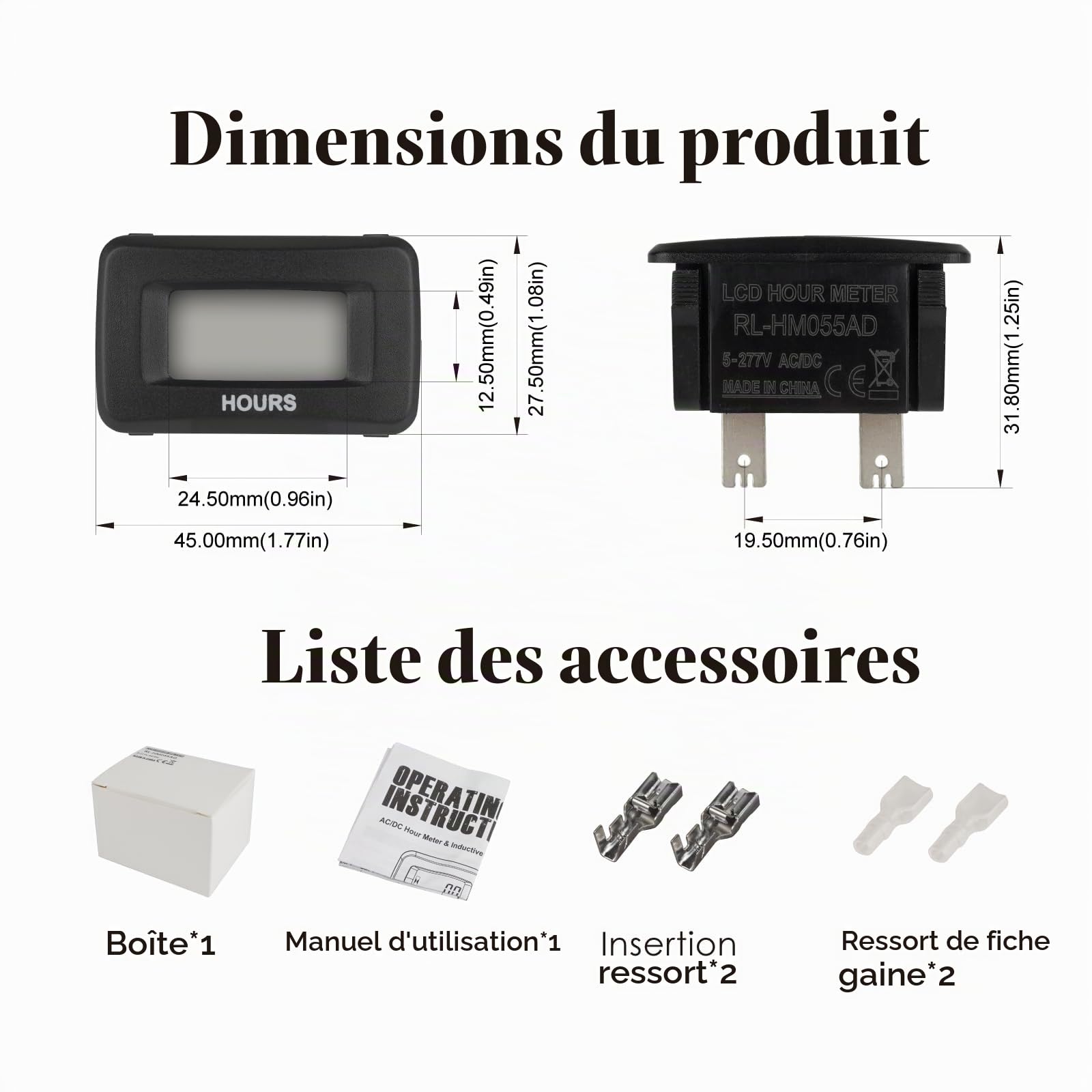 Jayron JR-HM055AD (AC/DC 5V à 277V) Compteur Horaire LCD Numérique Accumuler des Données pour Tondeuse à Gazon de Jardin Générateur de Tracteur Voiturette de Golf Club de Lavage de Voiture Bateau ATV