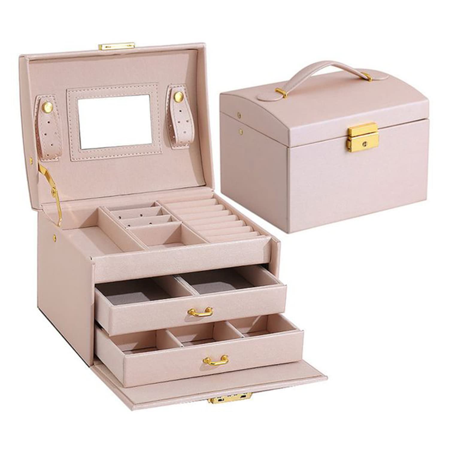 Nnewvante Jewellery Box Organizer,3 Tier Jewellery Organizer with Lock and Drawer,Portable Jewellery Rack,Removable Lattice Tray Organizer for Earrings Rings Necklaces Bracelets Sunglasses (Pink-03)