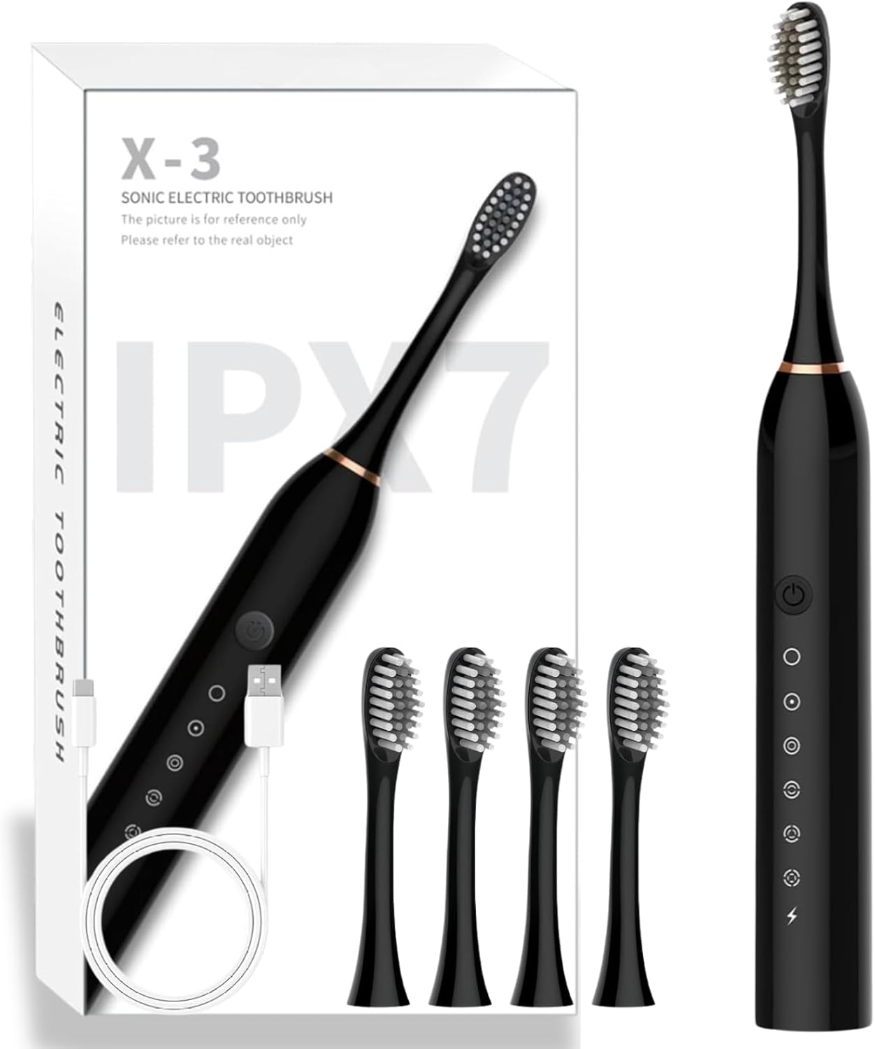 Cepillo de dientes eléctrico recargable negro impermeable IPX7 con 6 modos y 4 cabezales