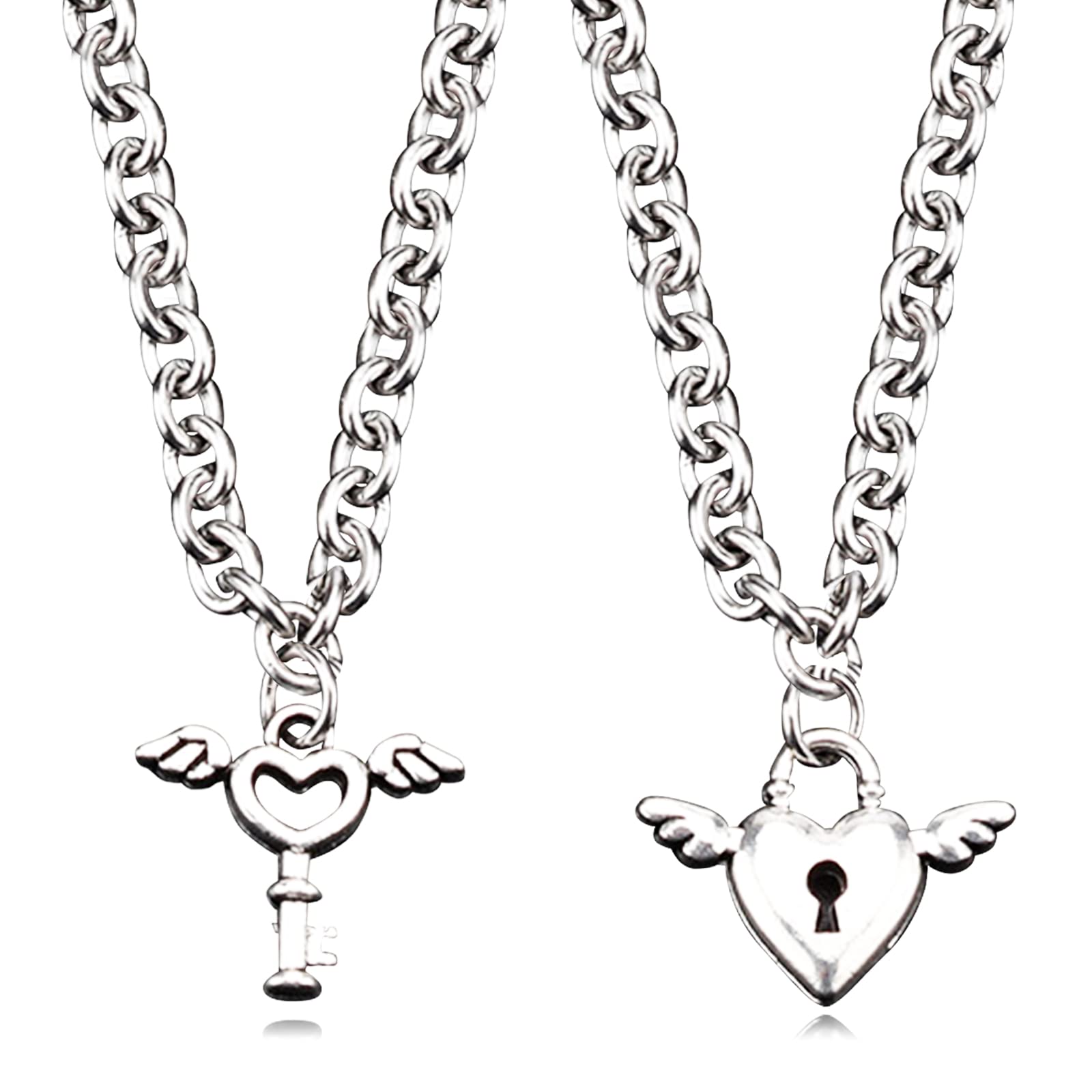 YANCHUN 2PCs Couple Necklace Set Silver Matching Lock Heart Necklace Matching Couple Necklace for Girlfriend Heart Key Necklace Valentine Gifts for Boys Girls, Brass, No Gemstone