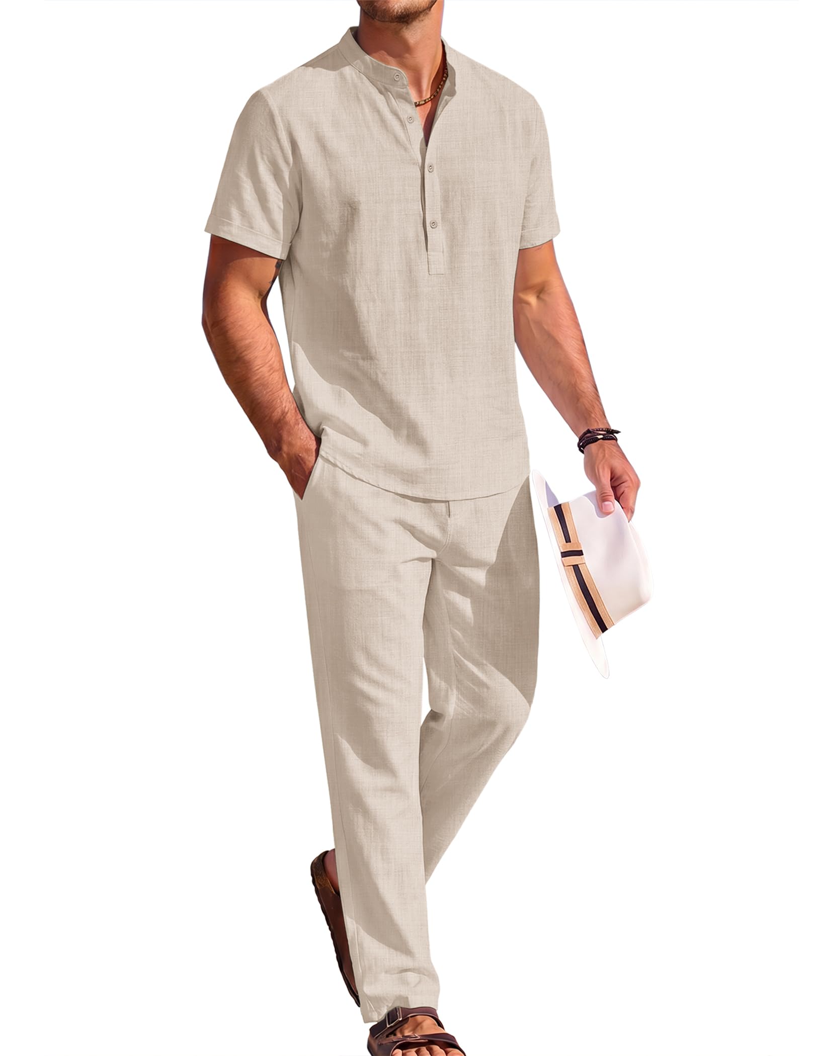 Mens 2 Pieces Cotton Linen Sets Short Sleeve Casual Henley Shirt Summer Beach Pants Lounge Vacation Outfits Set-image-41
