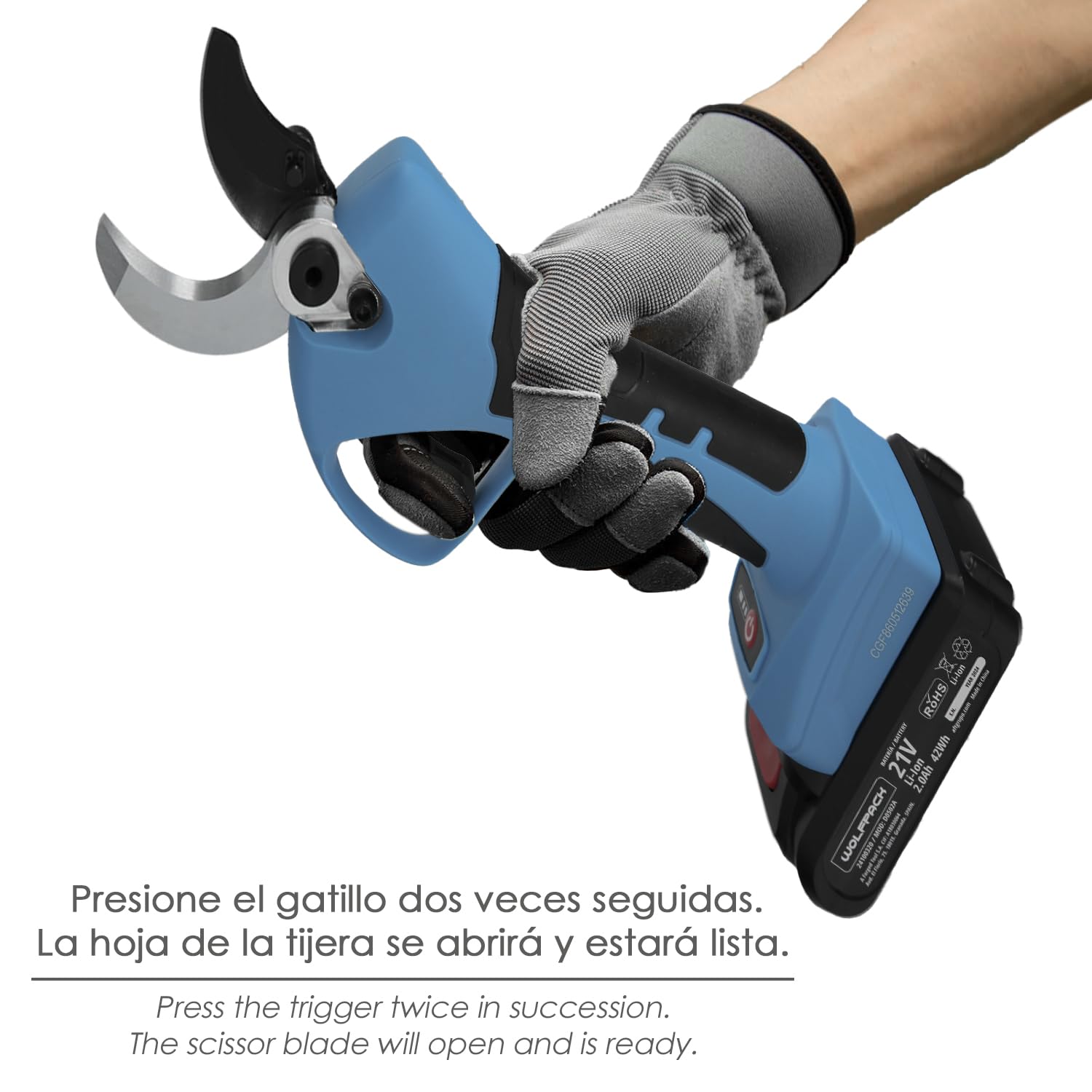 WOLFPACK LINEA PROFESIONAL Tijeras Podar A Bateria 21 Volt. Con 2 Baterias 2 A/h Mango Engomado, Ø Corte 40 mm.Con Maletín