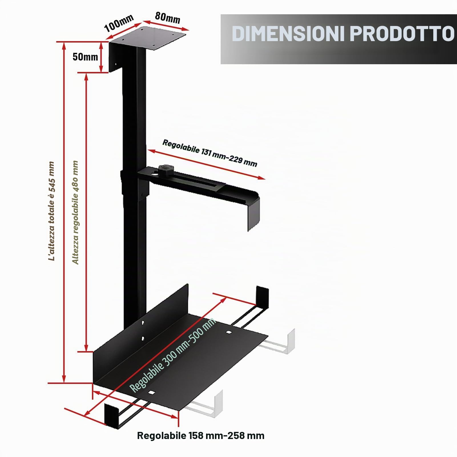 Supporto per PC regolabile da tavolo o da parete, Staffa CPU Regolabile fino a 54,5 cm, Portata 35 kg, Struttura in Acciaio Robusto, Salvaspazio per Ufficio & Gaming