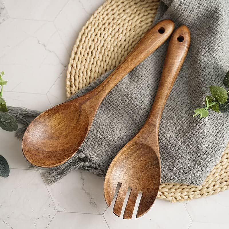 Vista 3 de Juego de cuchara de cocina y tenedor de madera, cuchara de madera, tenedor de madera, cuchara para ensalada, tenedor de pasta, utensilios de cocina