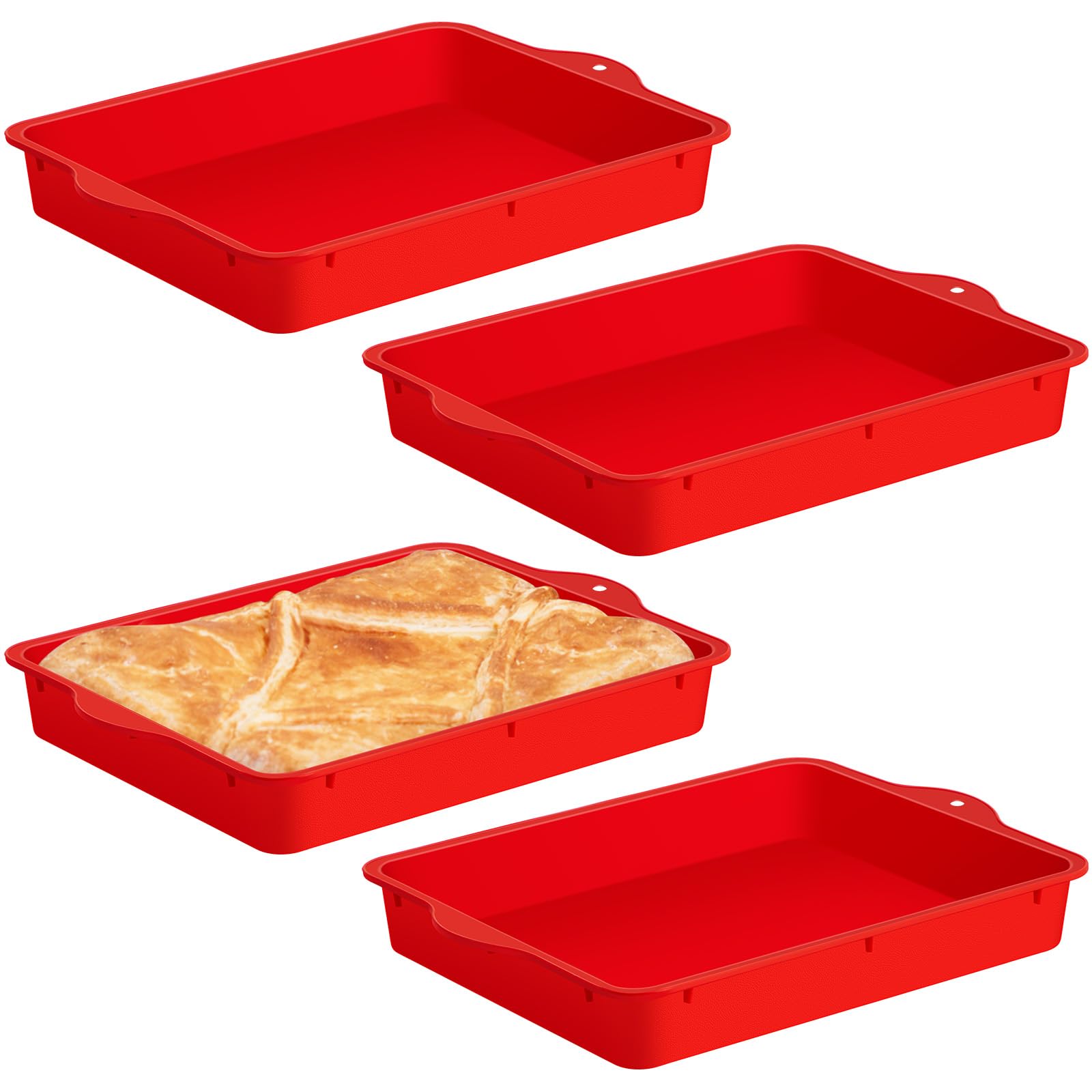 Geetery Juego de 4 moldes cuadrados de silicona para tartas, brownies, moldes antiadherentes de silicona para hornear magdalenas, pan, arroz, pastel de lasaña crujiente, rojo (30,5 x 22,5 x 4,6 cm)