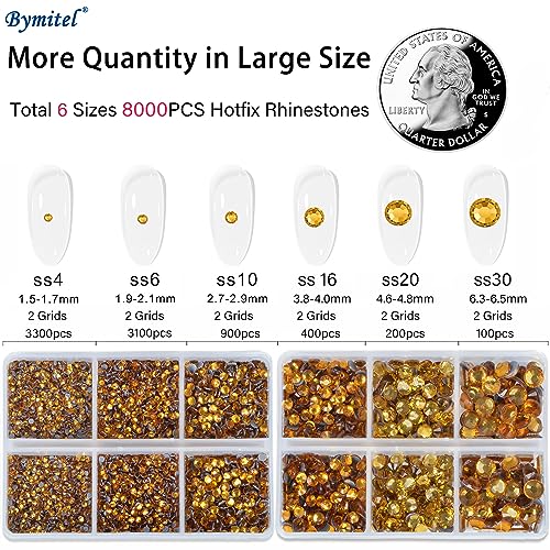 Image of Bymitel Hotfix Crystal Rhinestones Round Gems for Crafts,Mixed 6 Sizes with Wax Pencil Kit, Topaz 1.6-6.3mm SS4-SS30 /8000pcs