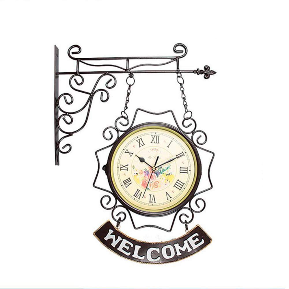 MYUYEE Vintage Double Sided Wall Clock Vintage, Train Station Clock for Garden Outdoor Home Silent Non-Ticking Wall Mounted Clock,White