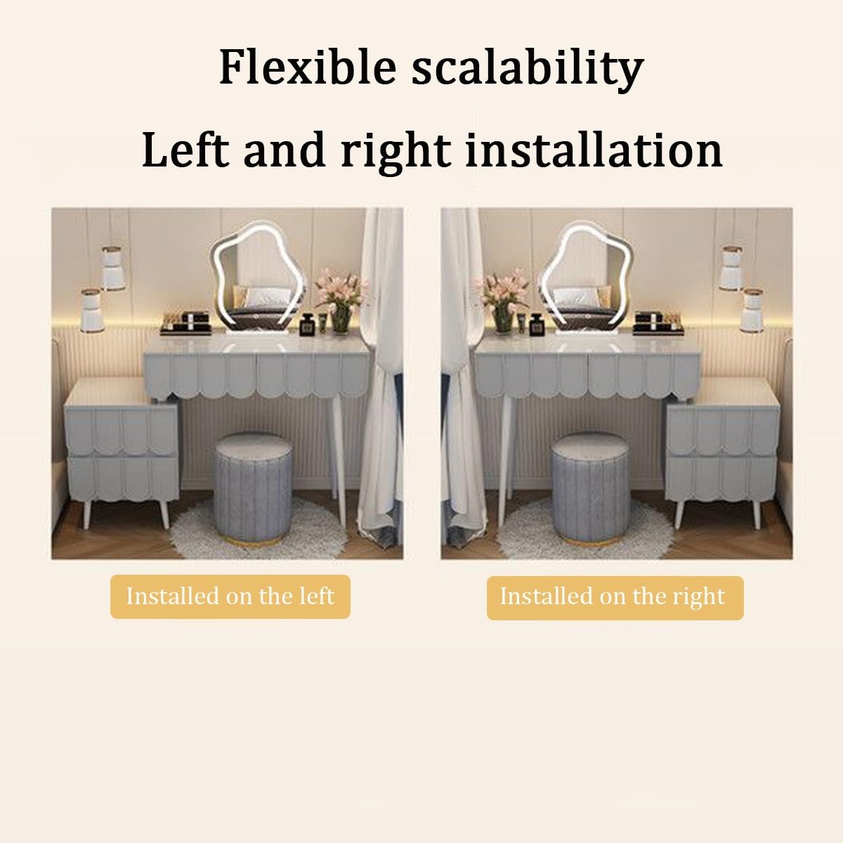 Coiffeuse avec Miroir et éclairage intégrés, Disponible en 3 Coloris. Élégante Table de Chevet avec tiroirs, Finition Blanche Moderne, 100 cm, idéale pour la Chambre.