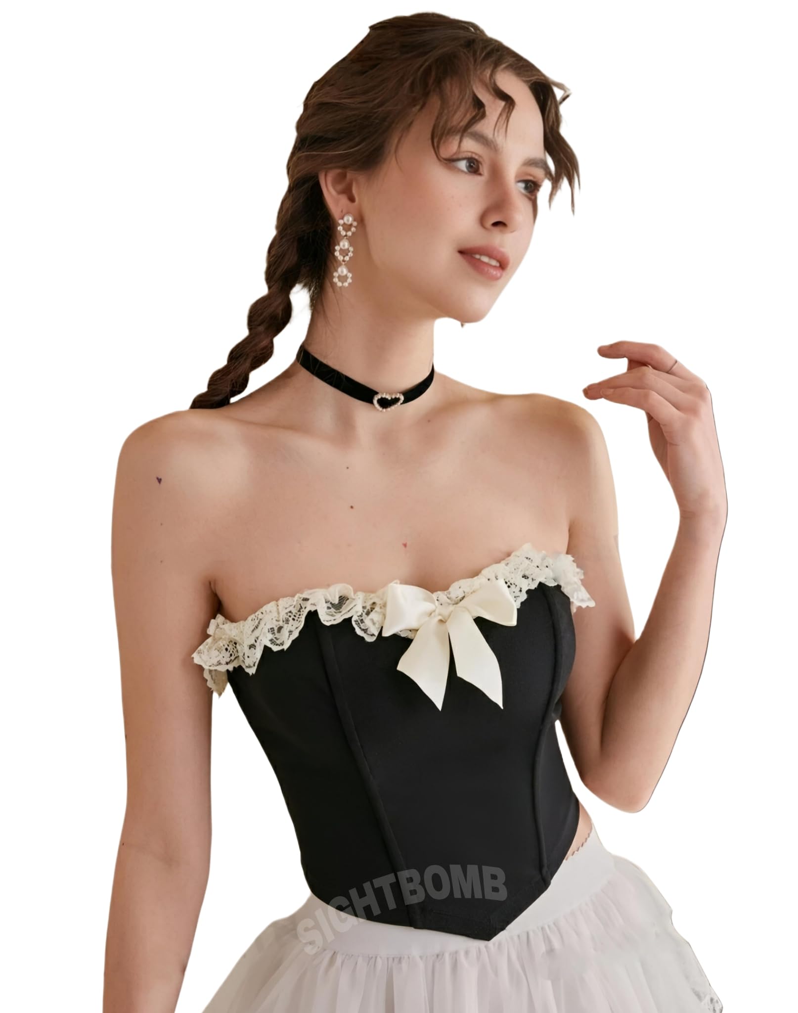 SIGHTBOMBOFF SHOULDER LACE TRIM MICRO FIBRE FEATHER TOUCH FABRIC BUSTIER CORSET FOR WOMENS