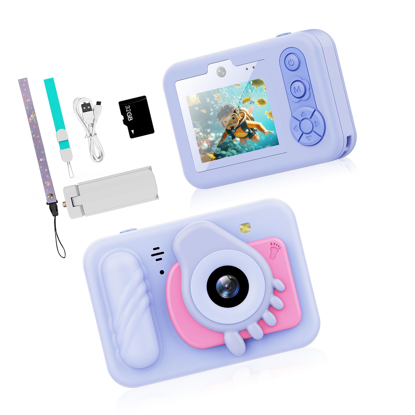 Cámara de aventura para niños, pantalla LCD de 2.4 pulgadas, tarjeta de memoria de 32 GB, juegos integrados, efectos divertidos para pequeños fotógrafos, cámara digital para niños