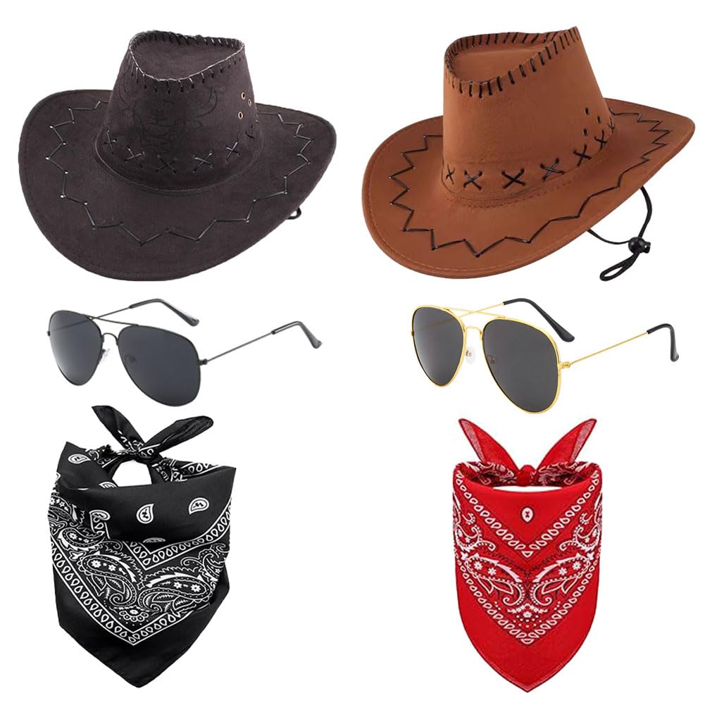 Spiritzohic Cowboy Fancy Dress Accessories Set, 6PCS Cowboy Hat Costume Set with Hat Glasses Bandana Western Outfit Accessories Sets Carnival Costume Sets Western Fancy Dress for Adults Cosplay