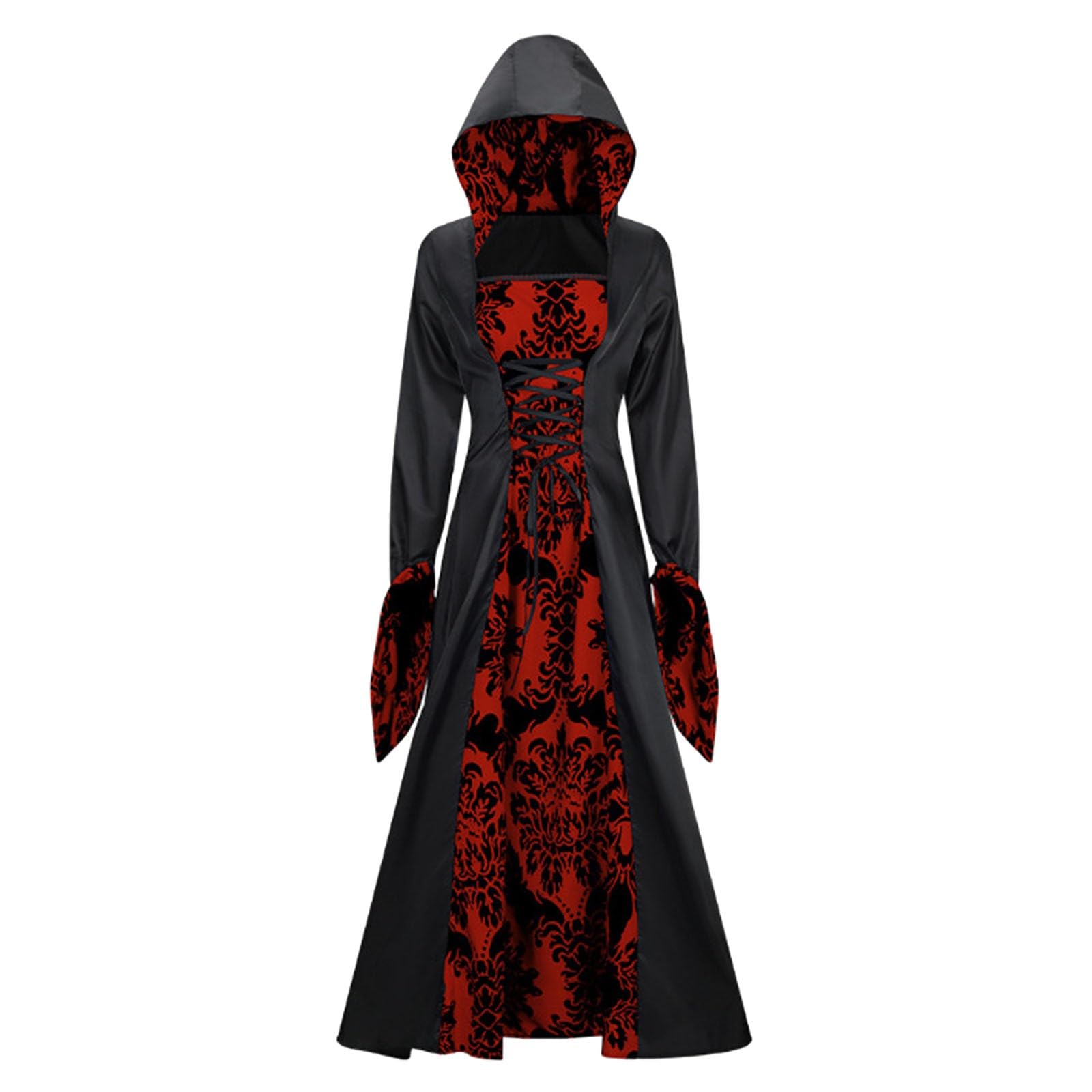 Disfraces Halloween Mujer - Vestido Medieval con Capucha Y Estampado De Arte Retro De Manga Larga con Lazo En La Cintura para Mujer