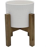 Vista 5 de Flora Bunda Maceta de cerámica Mid Century de 8 pulgadas, maceta grande de dos tonos en soporte de madera, color blanco