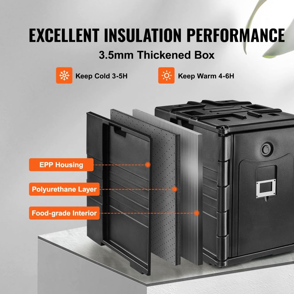 Caja de poliestireno de 90 l, porta alimentos aislante, con asas y ruedas integradas, calentador de alimentos de carga frontal, para transporte de alimentos en camping y picnics, color negro