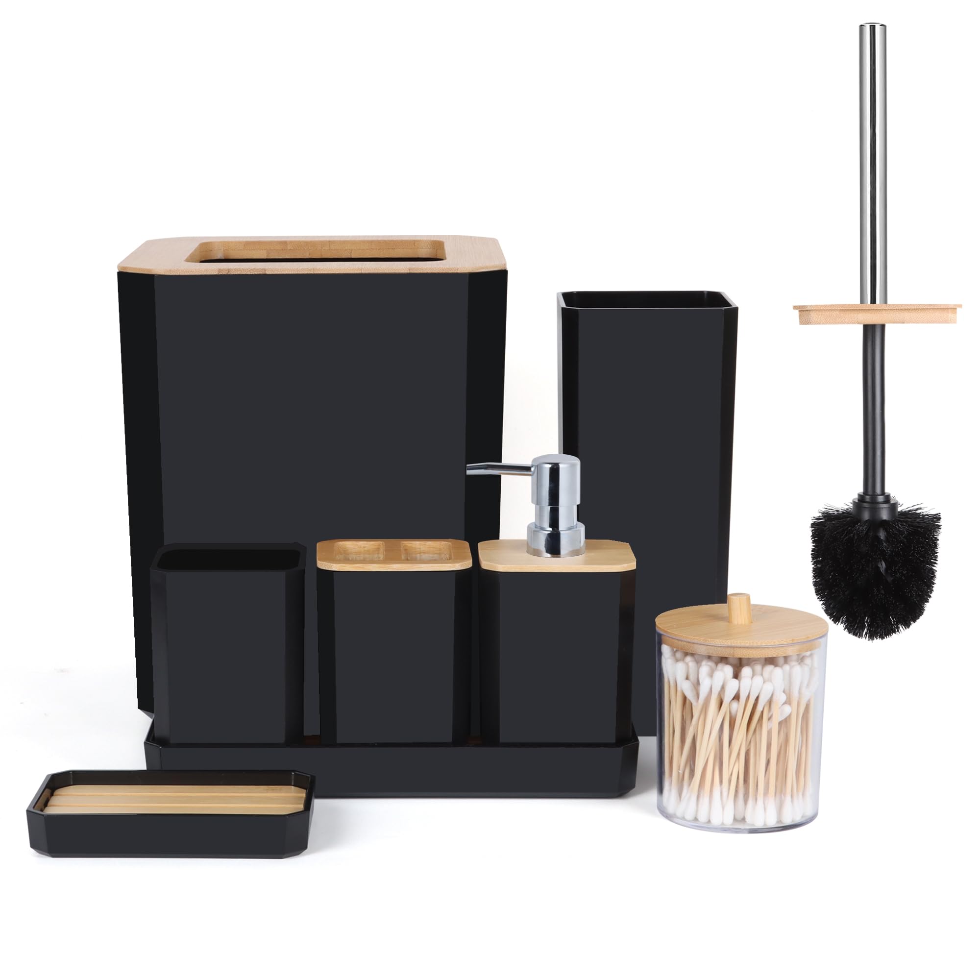 FEILANDUO Bathroom Accessories Set,8Pcs Bathroom Accessory Set with Trash Can, Soap Dispenser and Toothbrush Holder, Soap Dish, Qtip Holder, Toilet Brush,Vanity Tray (Black)