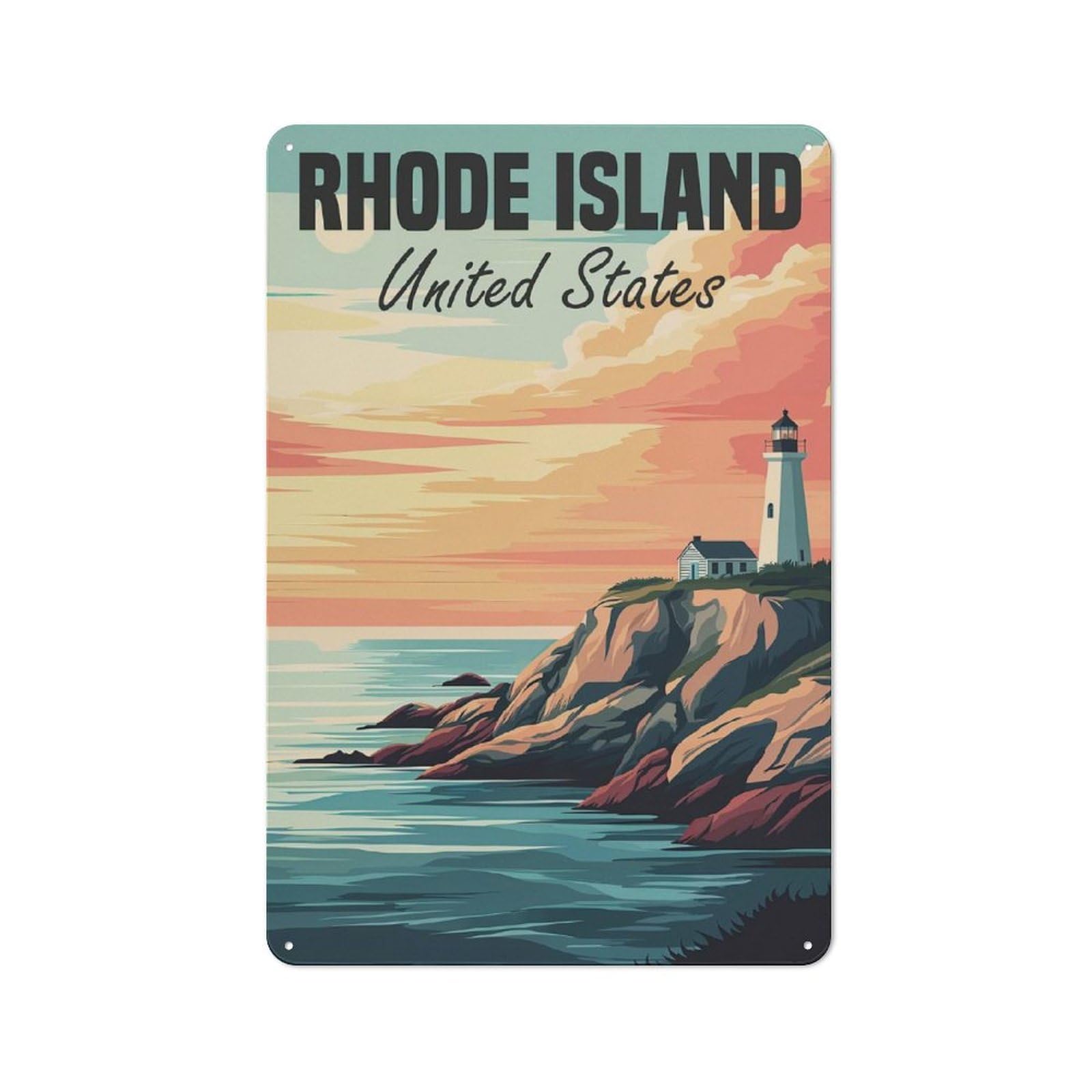Junmoney Rhode Island Lighthouse Sunset Casual Metal Wall Decor 30X20cm, Tin Sign For Greenhouse, Garden Room, Cafe Or Entryway