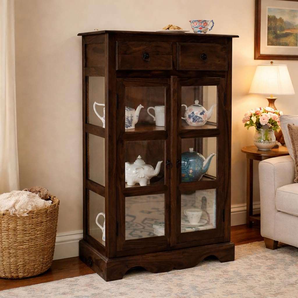 ANGEL FURNITURE Solid Sheesham Kitchen Medium Storage Crockery Cabinet in Walnut Finish, Semi Gloss, 75x35x120CM