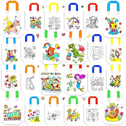 24 Pieces Cute Coloring Goodie Bags Birthday Reusable Party Favor Bags Cartoon Carnival Animals Craft Bags Color Your Own Bag for DIY Painting Birthday Party Gifts or Art Party Favors Supplies Cover