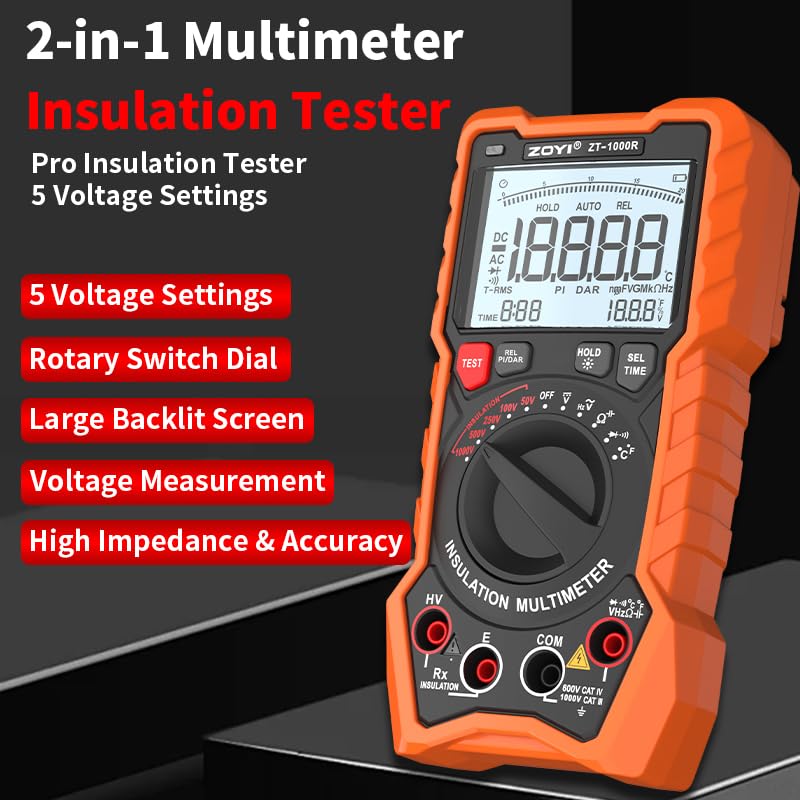 Isolationswiderstandsmessgerät 1000V AC/DC, fortschrittliches digitales Megohmmeter, misst Isolationswiderstand bis zu 20GΩ, Spannungsmessung bis 1000V, elektronisches Schüttel-Multimeter
