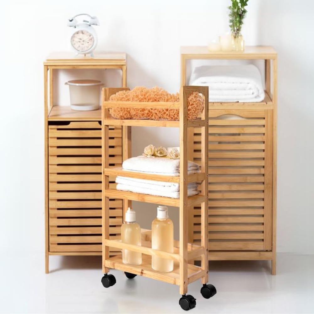 ZOLTA Bambus Rollregal schmal mit 3 Ablagen auf Rollen 74,5×36×15 cm stabil mobil für Bad Küche Vorratsraum Büro Kinderzimmer Garage Organizer Regalwagen mit Bremse natürlich pflegeleicht