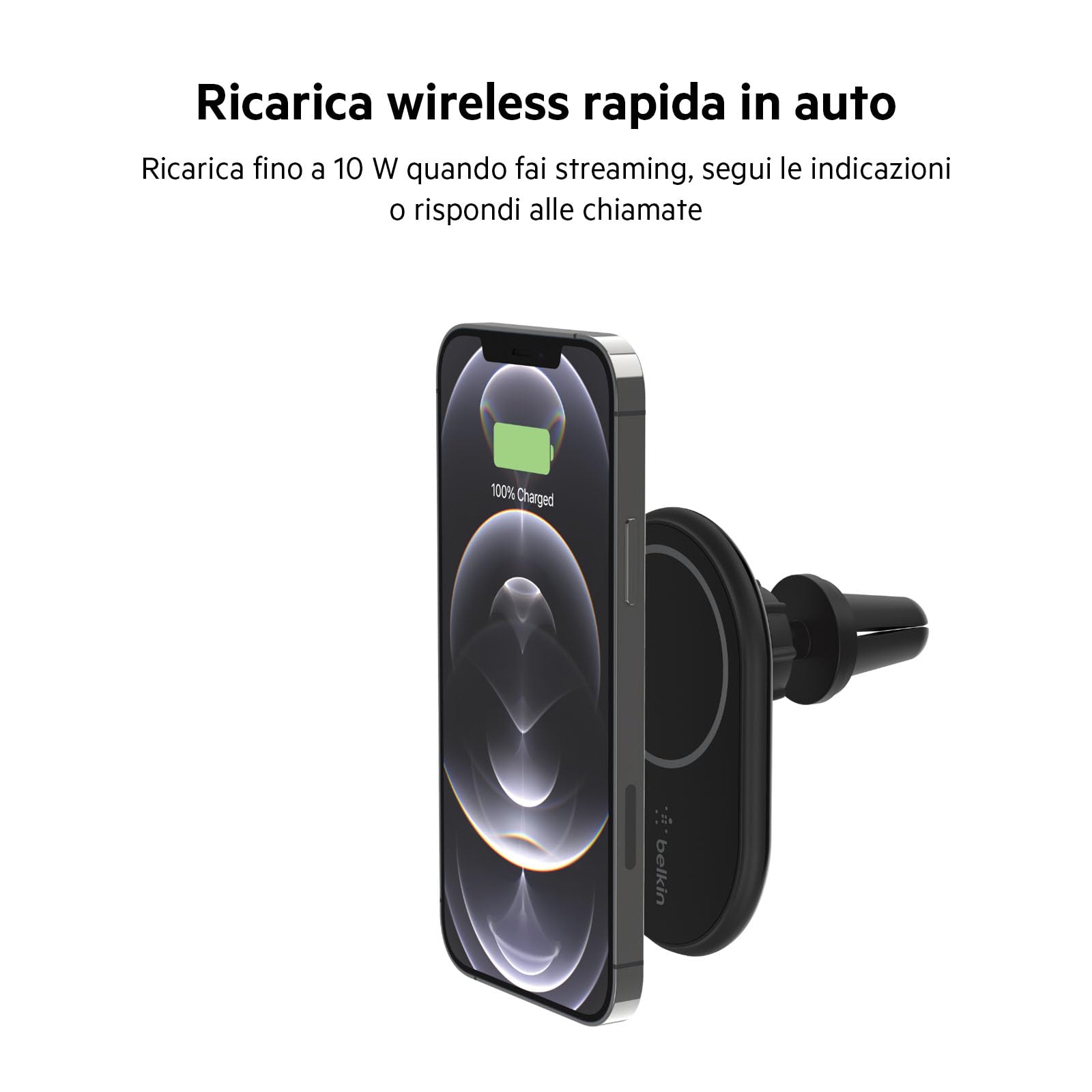 Belkin BoostCharge Supporto da auto magnetico per telefono, compatibile con MagSafe, iPhone 14/14 Plus, 13, 12, Pro, Max, mini, e altri (cavo e caricabatteria wireless inclusi)