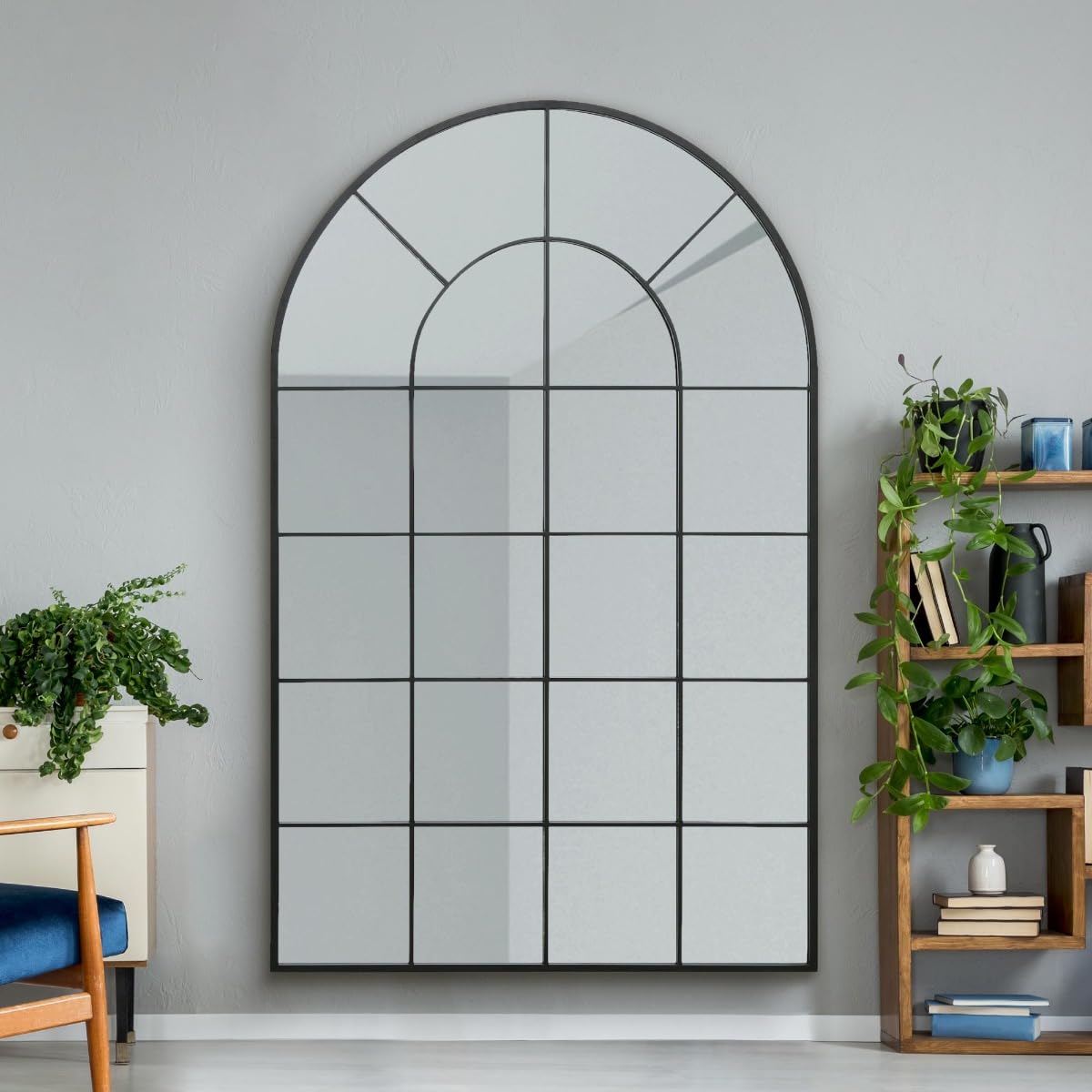 Black Framed Window Modern Full Mdern Length Arched Leaner/Wall Mirror 75" X 47" (190CM X 120CM) Silver Mirror Glass with Black All weather Backing.