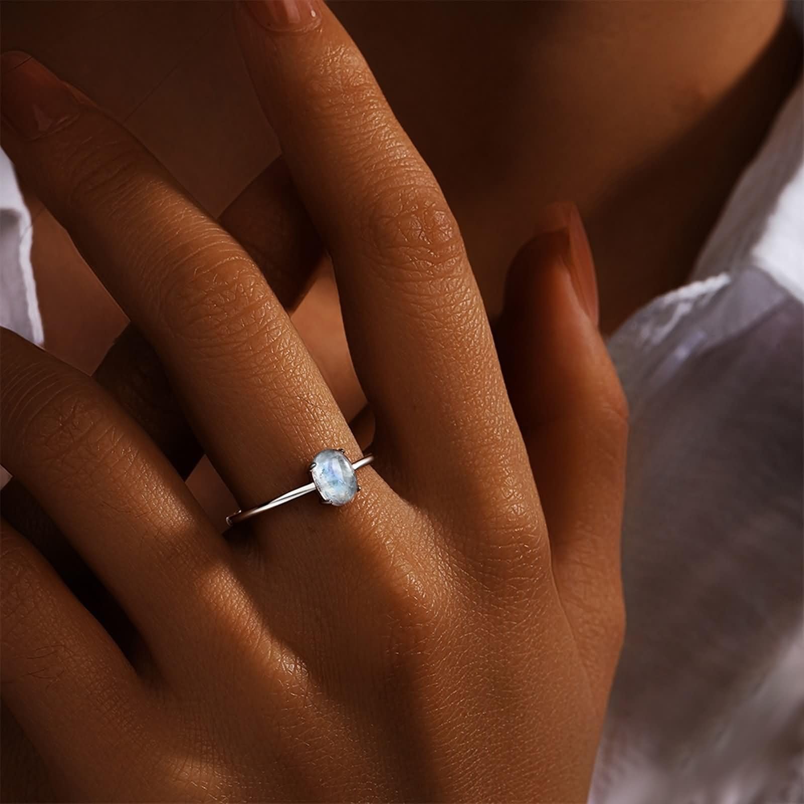 Anillos Boda Oro Blanco 9K/14K/18 Kilates de Mujer, Ovalado con Piedra de Luna, Anillos de Plata Compromiso Mujer