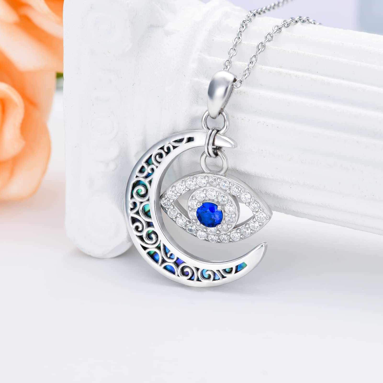 VONALA Böser Blick Halsketten Sterling Silber Mond Türkisches Böser Blick Nazar Boncuk Anhänger Halskette mit Abalone Muschel Religiöser Schutz Schmuck Amulett Geschenke für Damen