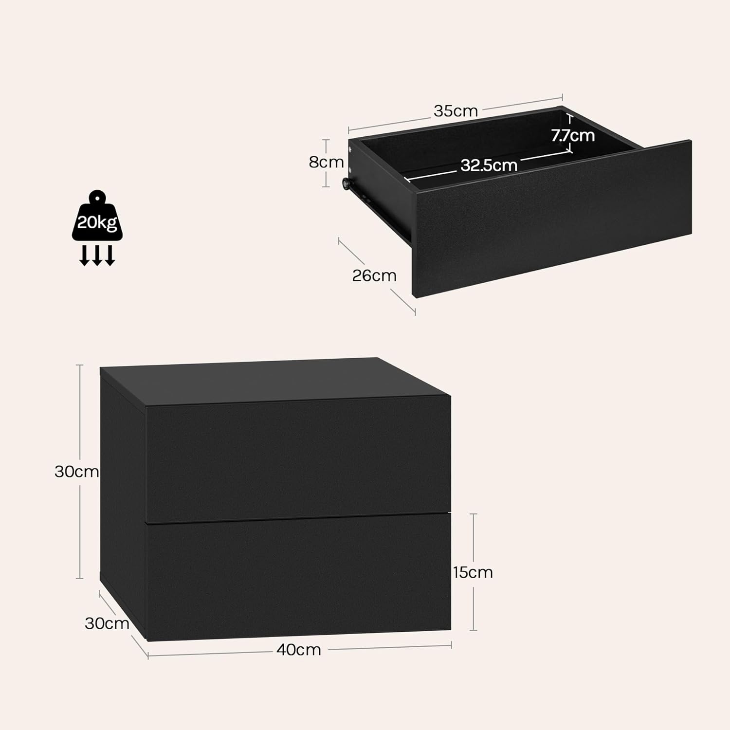 Diagram showing the dimensions of the floating nightstand, including overall width, depth, height, and internal drawer dimensions.