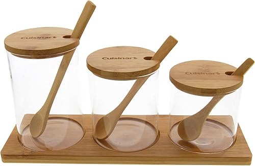 Cuisinart Juego de recipientes de vidrio con tapas de bambú, cuchara y bandeja, juego de 10 piezas, 3 tarros de diferentes tamaños con tapas de